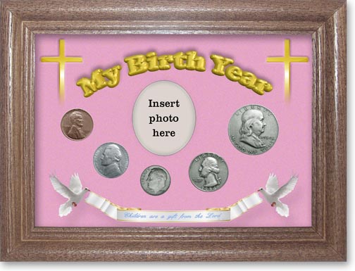 1954 'Children are a Gift from the Lord' My Birth Year Coin Gift Set with a pink background and dark oak frame MAIN
