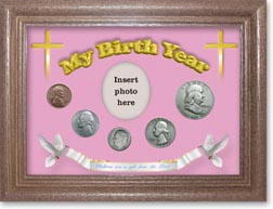 1954 'Children are a Gift from the Lord' My Birth Year Coin Gift Set with a pink background and dark oak frame THUMBNAIL