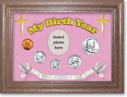 1963 'Children are a Gift from the Lord' My Birth Year Coin Gift Set with a pink background and dark oak frame MAIN
