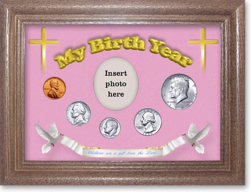 1964 'Children are a Gift from the Lord' My Birth Year Coin Gift Set with a pink background and dark oak frame LARGE