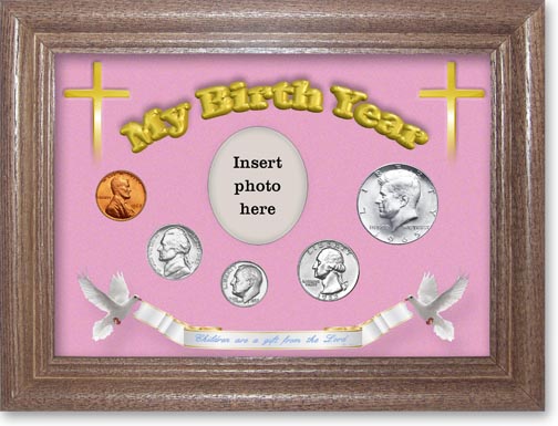 1965 'Children are a Gift from the Lord' My Birth Year Coin Gift Set with a pink background and dark oak frame MAIN