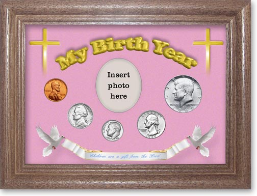 1969 'Children are a Gift from the Lord' My Birth Year Coin Gift Set with a pink background and dark oak frame MAIN