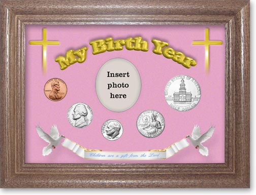 1975 'Children are a Gift from the Lord' My Birth Year Coin Gift Set with a pink background and dark oak frame MAIN