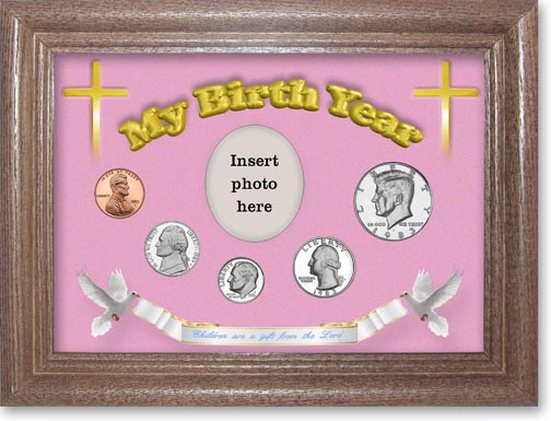 1983 'Children are a Gift from the Lord' My Birth Year Coin Gift Set with a pink background and dark oak frame LARGE