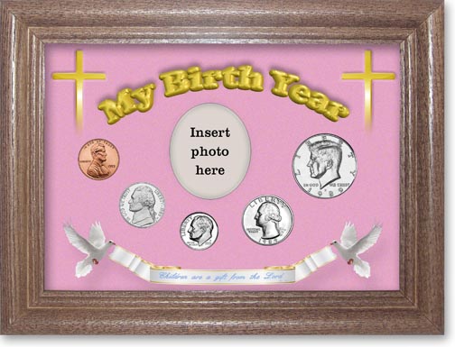 1989 'Children are a Gift from the Lord' My Birth Year Coin Gift Set with a pink background and dark oak frame MAIN