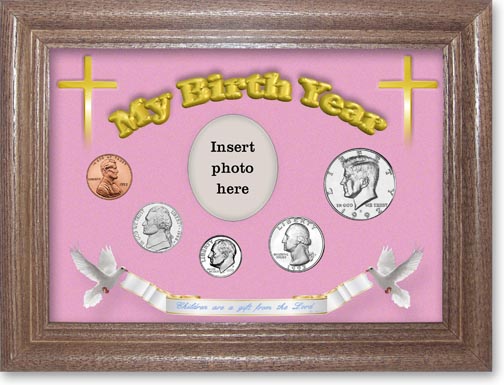 1992 'Children are a Gift from the Lord' My Birth Year Coin Gift Set with a pink background and dark oak frame LARGE