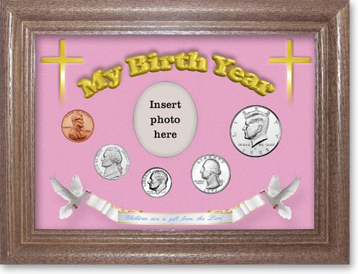 1995 'Children are a Gift from the Lord' My Birth Year Coin Gift Set with a pink background and dark oak frame MAIN