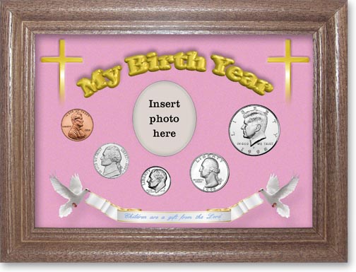 1998 'Children are a Gift from the Lord' My Birth Year Coin Gift Set with a pink background and dark oak frame LARGE