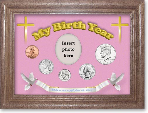 2003 'Children are a Gift from the Lord' My Birth Year Coin Gift Set with a pink background and dark oak frame LARGE