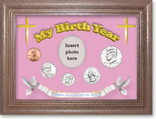 2013 'Children are a Gift from the Lord' My Birth Year Coin Gift Set with a pink background and dark oak frame LARGE