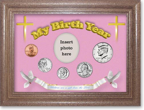 2017 'Children are a Gift from the Lord' My Birth Year Coin Gift Set with a pink background and dark oak frame MAIN
