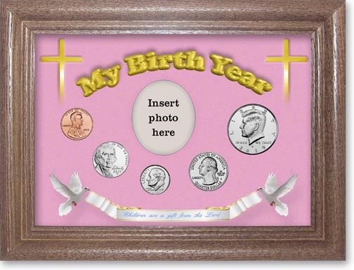 2019 'Children are a Gift from the Lord' My Birth Year Coin Gift Set with a pink background and dark oak frame MAIN