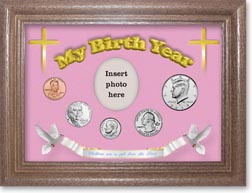 2019 'Children are a Gift from the Lord' My Birth Year Coin Gift Set with a pink background and dark oak frame THUMBNAIL