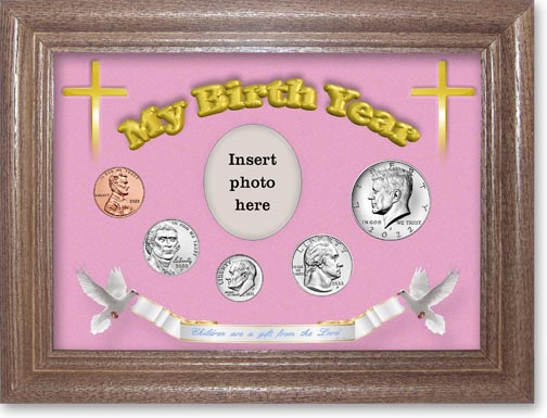 2022 'Children are a Gift from the Lord' My Birth Year Coin Gift Set with a pink background and dark oak frame LARGE
