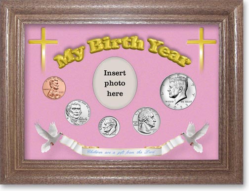 'Children are a Gift from the Lord' My Birth Year Coin Gift Set with pink background, dark oak frame LARGE