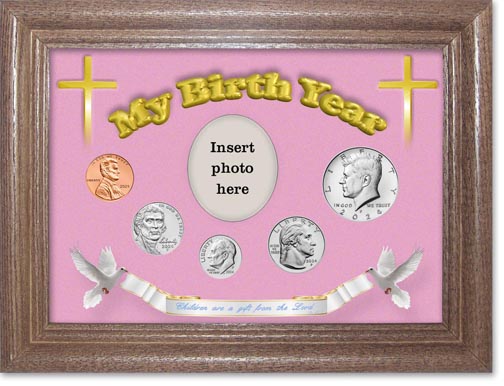 2024 'Children are a Gift from the Lord' My Birth Year Coin Gift Set with a pink background and dark oak frame LARGE