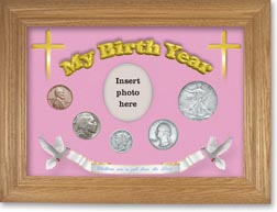 1934 'Children are a Gift from the Lord' My Birth Year Coin Gift Set with a pink background and wheat frame THUMBNAIL