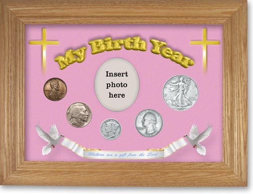1937 'Children are a Gift from the Lord' My Birth Year Coin Gift Set with a pink background and wheat frame LARGE