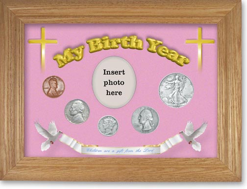 1938 'Children are a Gift from the Lord' My Birth Year Coin Gift Set with a pink background and wheat frame LARGE