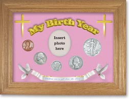 1938 'Children are a Gift from the Lord' My Birth Year Coin Gift Set with a pink background and wheat frame THUMBNAIL