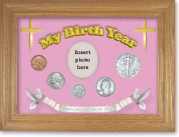 1939 'Children are a Gift from the Lord' My Birth Year Coin Gift Set with a pink background and wheat frame THUMBNAIL