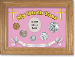 1940 'Children are a Gift from the Lord' My Birth Year Coin Gift Set with a pink background and wheat frame THUMBNAIL