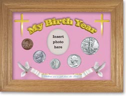 1942 'Children are a Gift from the Lord' My Birth Year Coin Gift Set with a pink background and wheat frame THUMBNAIL