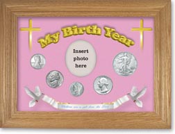 1943 'Children are a Gift from the Lord' My Birth Year Coin Gift Set with a pink background and wheat frame THUMBNAIL