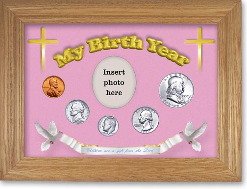 1957 'Children are a Gift from the Lord' My Birth Year Coin Gift Set with a pink background and wheat frame MAIN