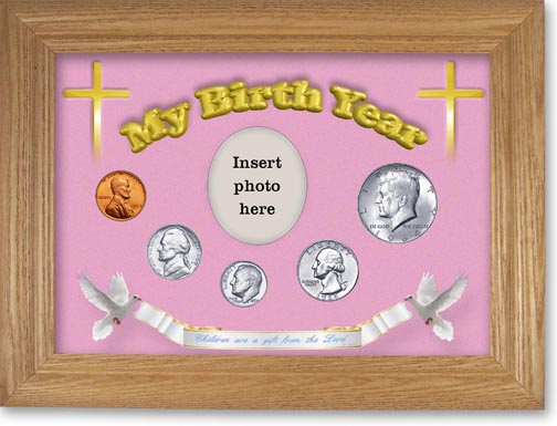 1964 'Children are a Gift from the Lord' My Birth Year Coin Gift Set with a pink background and wheat frame LARGE