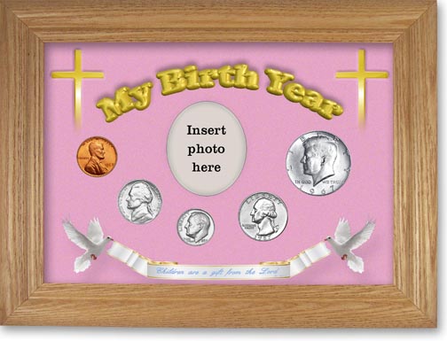 1967 'Children are a Gift from the Lord' My Birth Year Coin Gift Set with a pink background and wheat frame LARGE