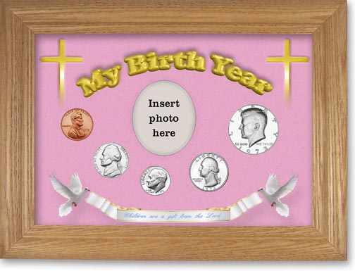 1973 'Children are a Gift from the Lord' My Birth Year Coin Gift Set with a pink background and wheat frame MAIN