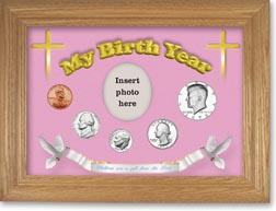 1973 'Children are a Gift from the Lord' My Birth Year Coin Gift Set with a pink background and wheat frame THUMBNAIL