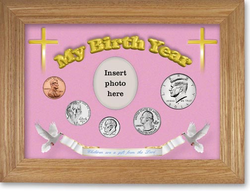 2014 'Children are a Gift from the Lord' My Birth Year Coin Gift Set with a pink background and wheat frame LARGE