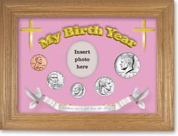 'Children are a Gift from the Lord' My Birth Year Coin Gift Set with a pink background and wheat frame THUMBNAIL