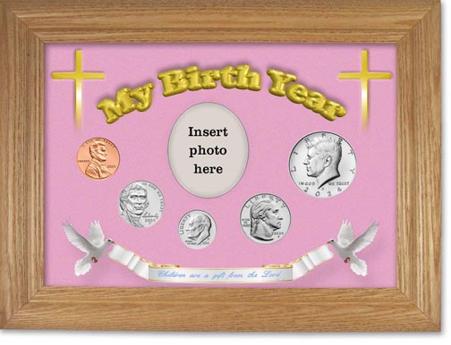 2024 'Children are a Gift from the Lord' My Birth Year Coin Gift Set with a pink background and wheat frame LARGE