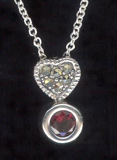 Sterling Silver Necklace, Heart with Deep Red Solitaire MAIN