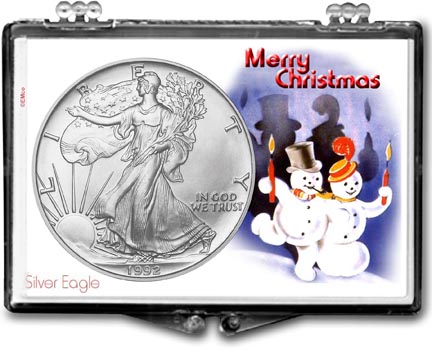 1992 Merry Christmas Snowmen American Silver Eagle Gift Display MAIN