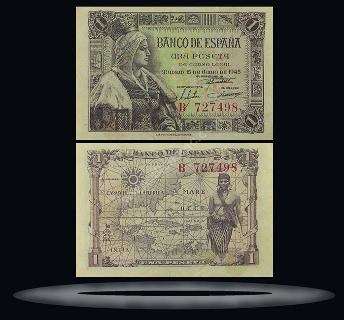 Spain Banknote, 1 Peseta, 15.6.1945, P#128a MAIN