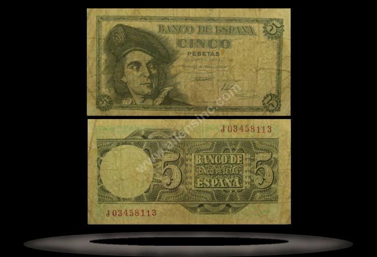 Spain Banknote, 5 Pesetas, 5.3.1948, P#136a MAIN