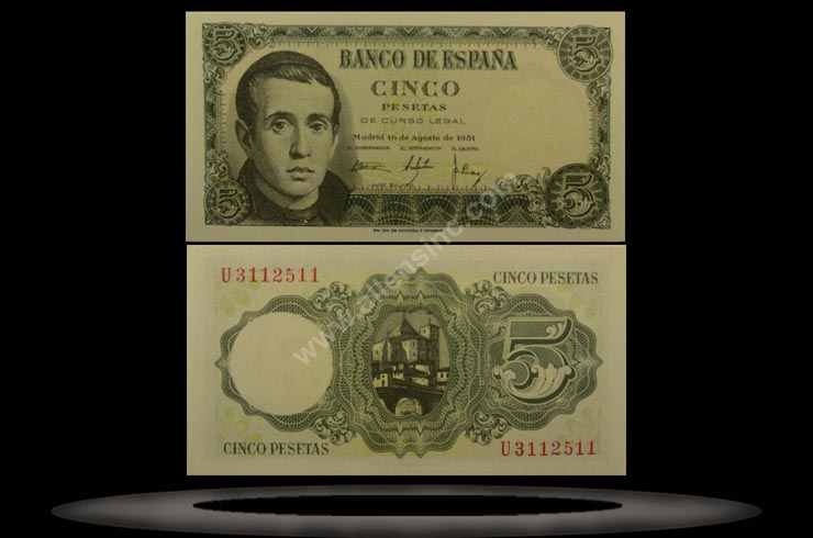 Spain Banknote, 5 Pesetas, 16.8.1951, P#140a MAIN