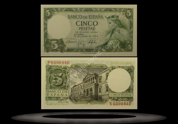 Spain Banknote, 5 Pesetas, 22.7.1954, P#146a MAIN