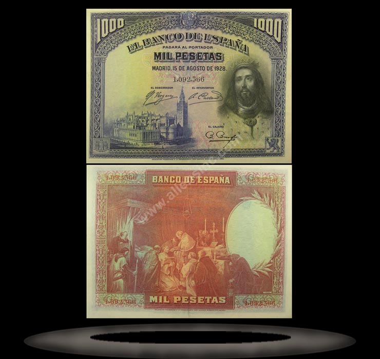 Spain Banknote, 1000 Pesetas, 15.8.1928, P#78a MAIN