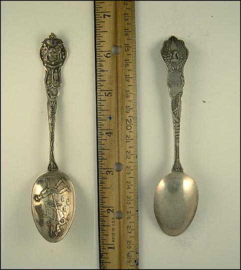 State Symbol, Man Pushing Wheel Barrow, Dog, Eagle, US Flag, Wheeling, West Virginia Souvenir Spoon MAIN