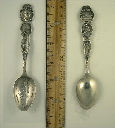 George Washington, Ships, Lumberjack, Mt. Rainier, Miner, Fish, Seattle, Washington Souvenir Spoon MAIN