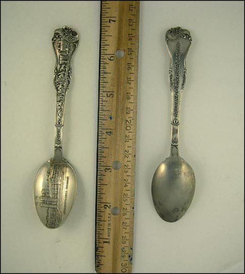 Louisiana Purchase Exposition, Administration Building, 1803, Train, Horses and People, Louisiana Souvenir Spoon MAIN