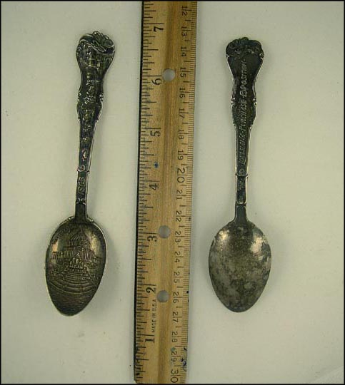 Louisiana Purchase Exposition, Festival Hall and Cascades, 1803-1903, Train, Horses and People, Louisiana Souvenir Spoon MAIN