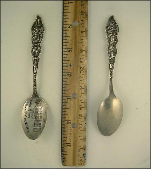 State Capitol, Train, Prospector, Rancher Rounding up Cattle, Horse and Buggy, Denver, Colorado Souvenir Spoon MAIN