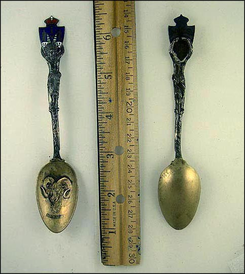 Native American Holding Enameled Crest, Long Horn Sheep, Vancouver, Canada Souvenir Spoon MAIN