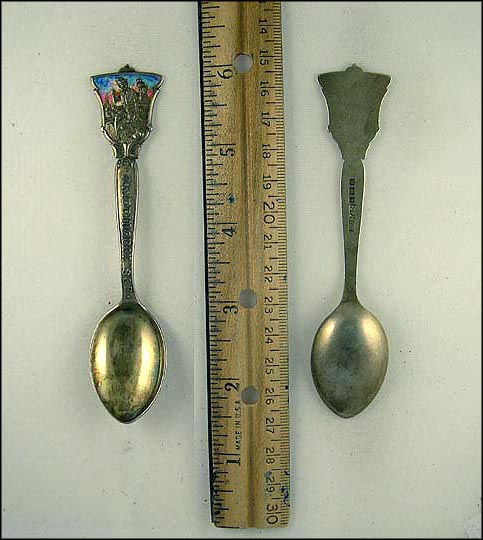 Whittington 862, Guy Sitting in Graveyard with Cat on Top of Tomb Stone, Enameled Sunset Souvenir Spoon MAIN